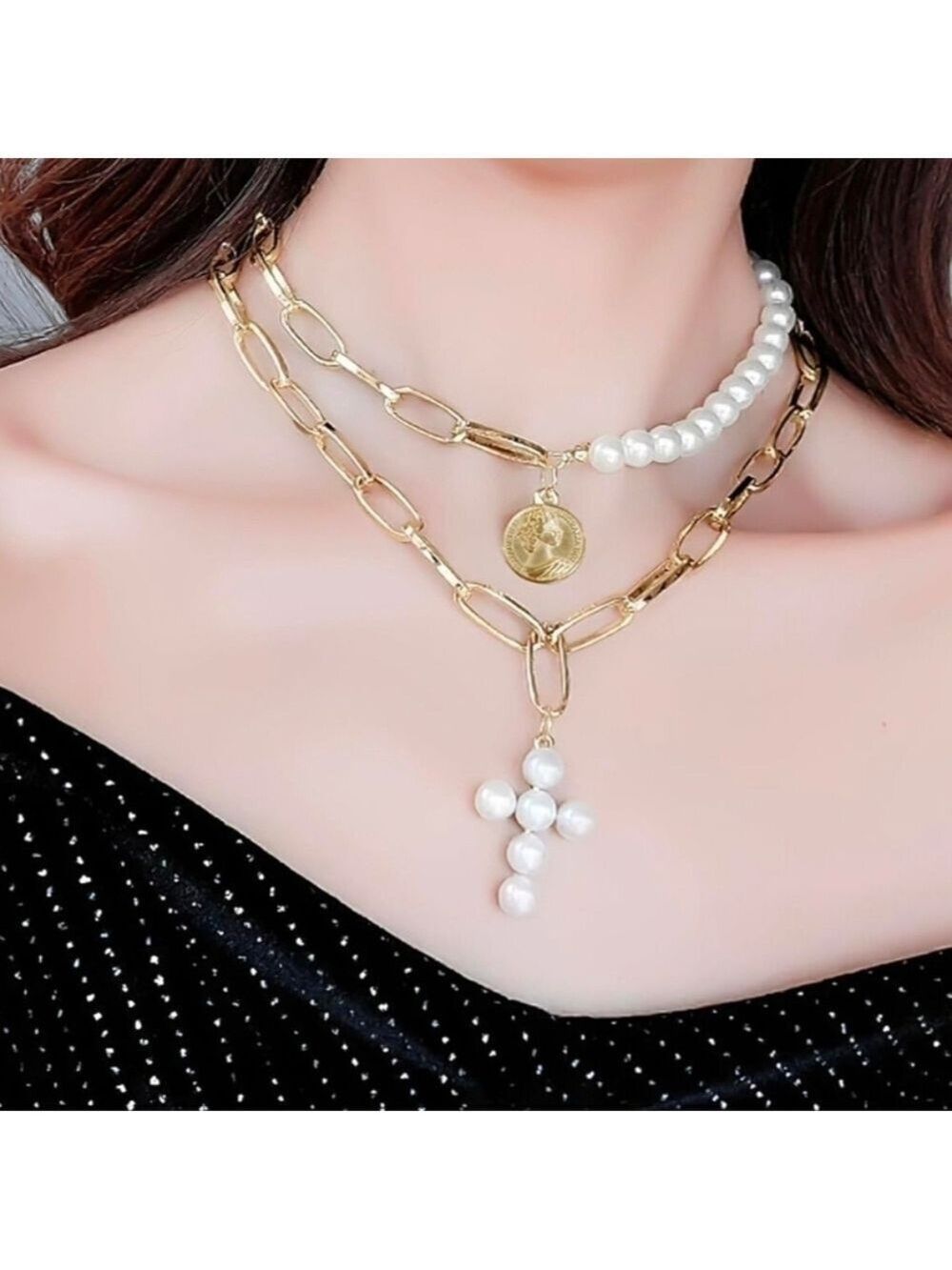 Golden Layered Necklaces Faux Pearl Cross Necklace Stack